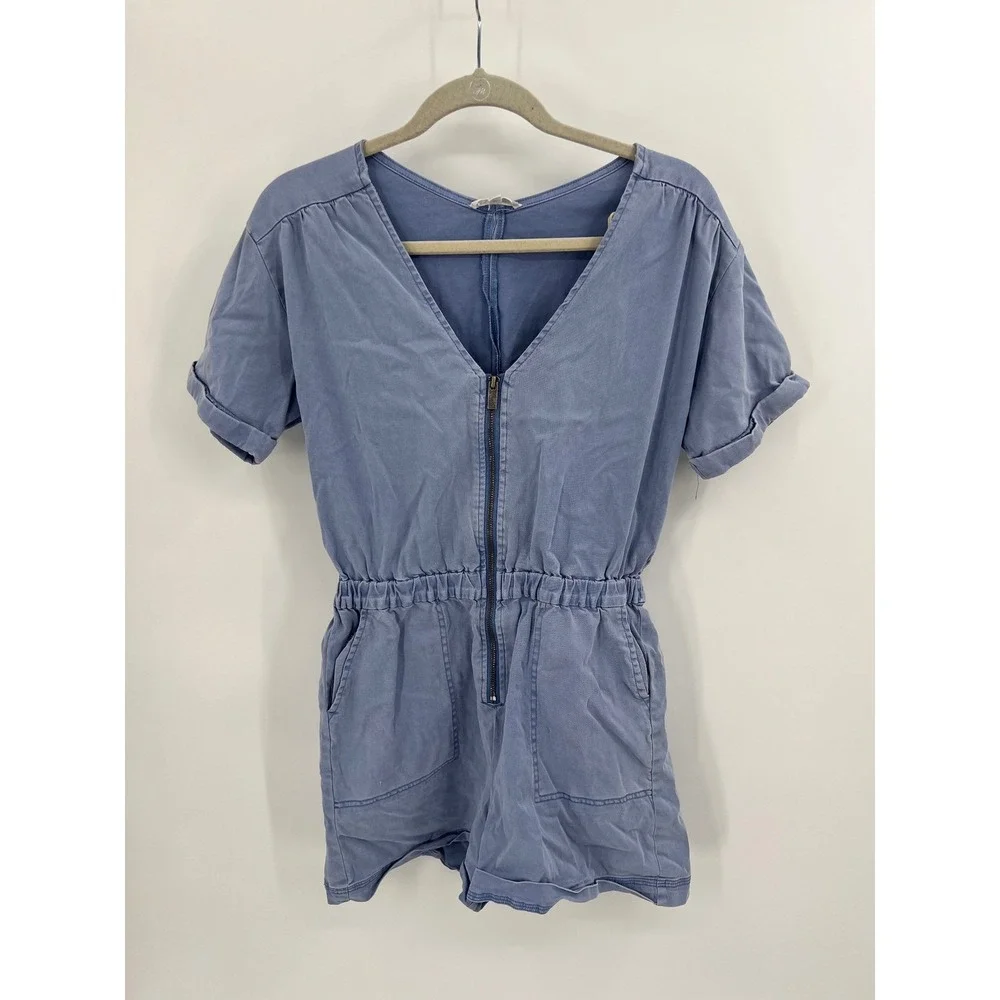 Splendid Periwinkle Blue Zipper‎ Front Short Sleeve Romper Stretch Medium